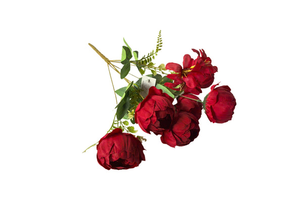  Artificial red peony and frangipani bunch, 43cm, vibrant floral arrangement.