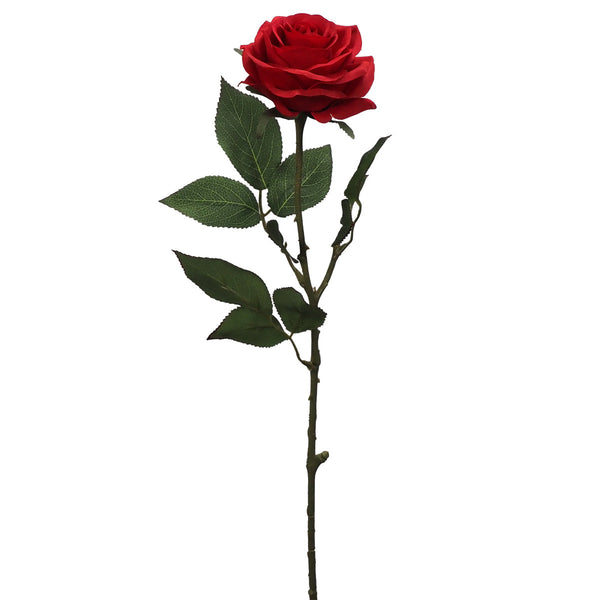 Single artificial red rose with lush green leaves – 62cm tall
