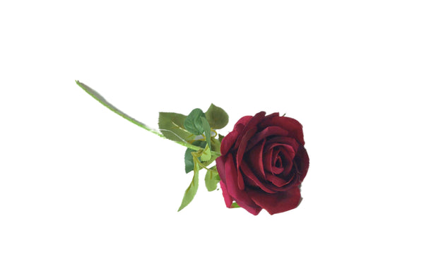 Deep red artificial rose stem with lifelike petals and greenery.