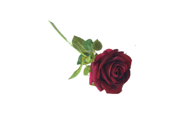 Lifelike red artificial rose stem with green leaves, 50cm long.