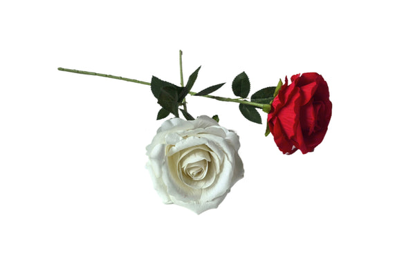 Realistic artificial roses in red and white, perfect for gifting.