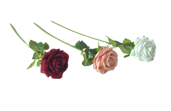 Set of red, pink, and white artificial rose stems, 60cm long.