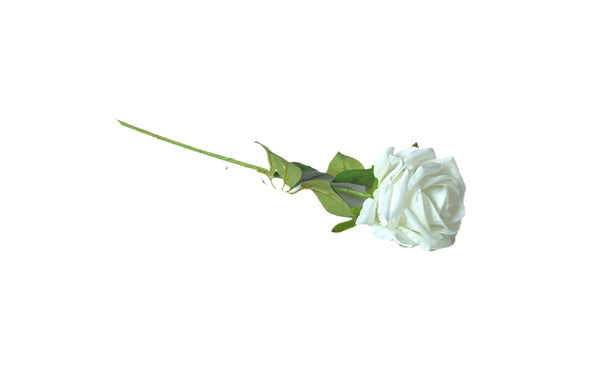 Elegant white artificial rose stem with lush green leaves, 50cm.