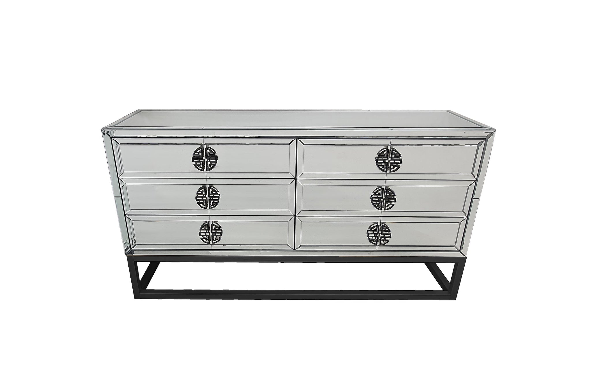 Athens Mirrored Dresser Table with six drawers, black frame and elegant reflective finish