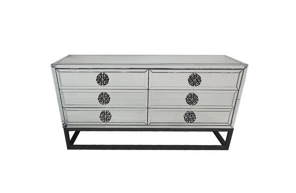 Athens Mirrored Dresser Table with six drawers, black frame and elegant reflective finish