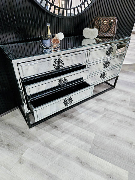 Athens Mirrored Dresser Table in black with six spacious drawers shown partially open