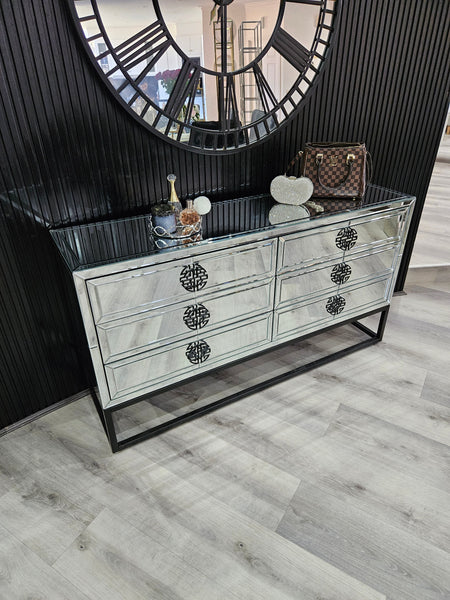 Athens Mirrored Dresser styled with décor items, featuring six drawers and black frame