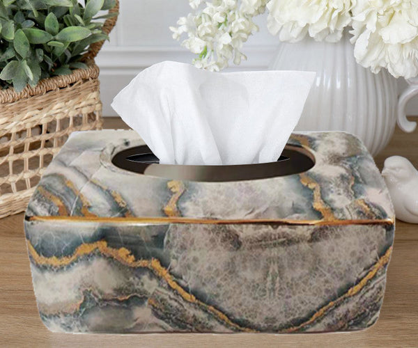 Decorative Atlantic marble tissue box styled on table with flowers for modern décor.