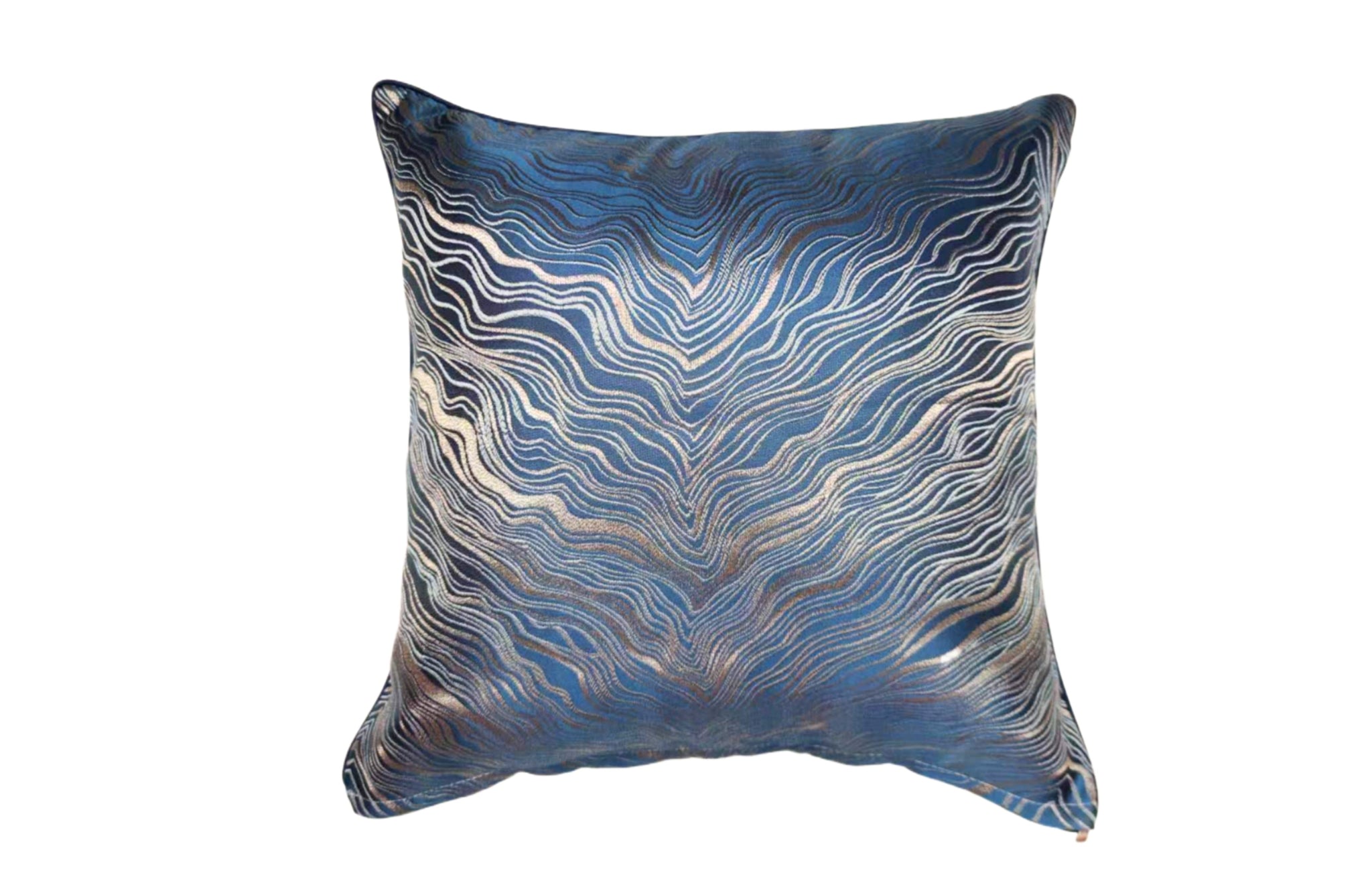 Atlantis Blue Designer Cushion with elegant wave-like gold pattern, 45x45cm luxury pillow