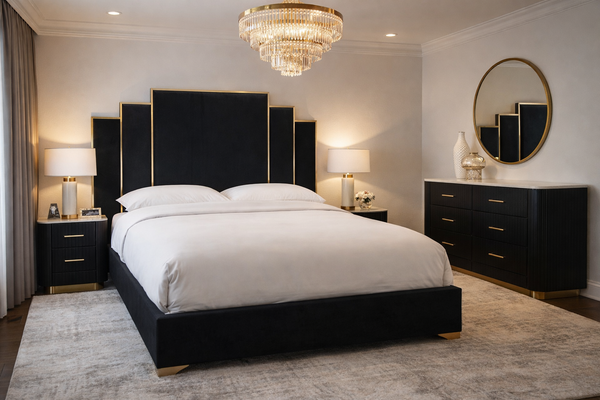 black velvet bed with gold frame luxury bedroom interior