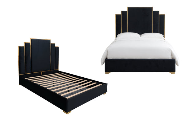 Black velvet bed with gold trim, luxury statement bed for modern bedrooms
