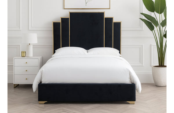 Luxurious black velvet bed with gold trim, a bold centrepiece for modern bedrooms