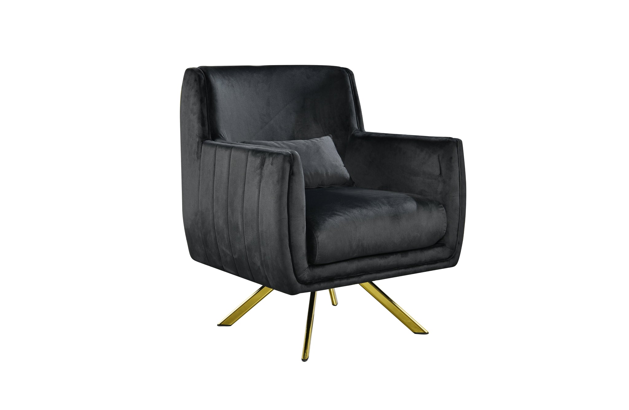 Stylish swivel chair in black velvet with golden base support