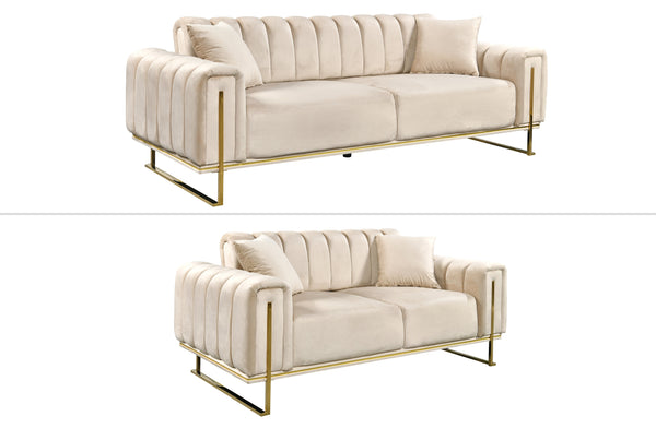 Champagne velvet sofa set with elegant three-seater and two-seater in gold frame
