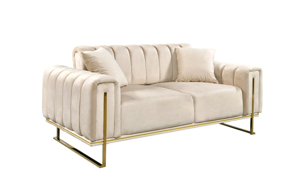Modern champagne velvet two-seater lounge with sleek gold frame accents