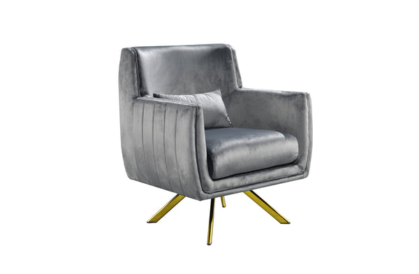 Grey velvet swivel armchair with soft cushioning and contemporary gold base