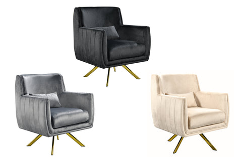 AVA swivel armchairs in champagne, black, and dark grey velvet with gold base accents