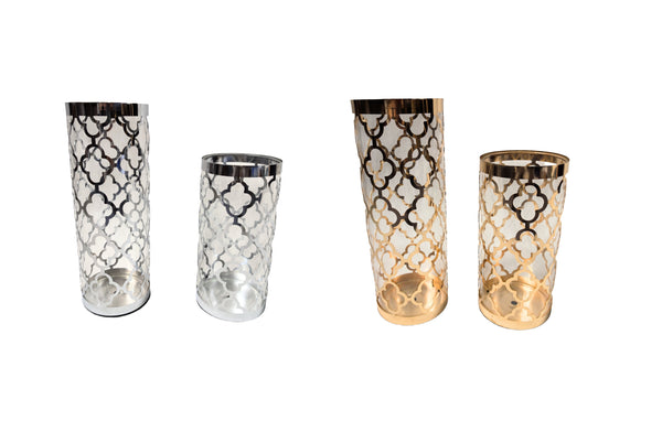 Stylish Ava vase set in gold and silver, featuring sleek metal frames with elegant glass inserts.