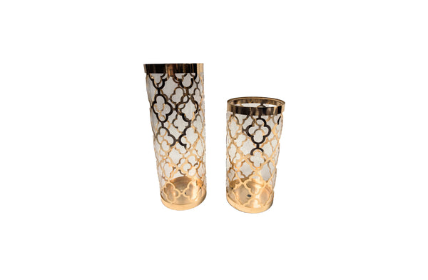 Elegant gold Ava vase set with intricate metal design and clear glass, perfect for modern décor.