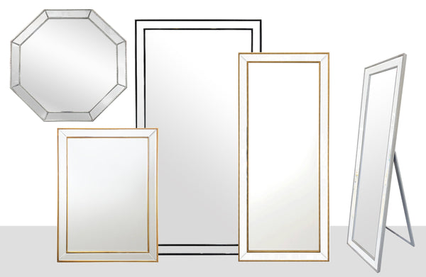 Beaded framed mirror collection showing rectangle, octagon, freestanding and wall styles in multiple colours.