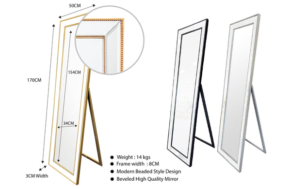 Beaded freestanding mirror with support stand available in gold, silver and black frame options.