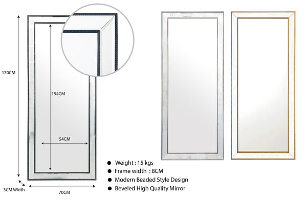 Beaded mirror medium rectangular design with frame details shown in silver and gold finishes.