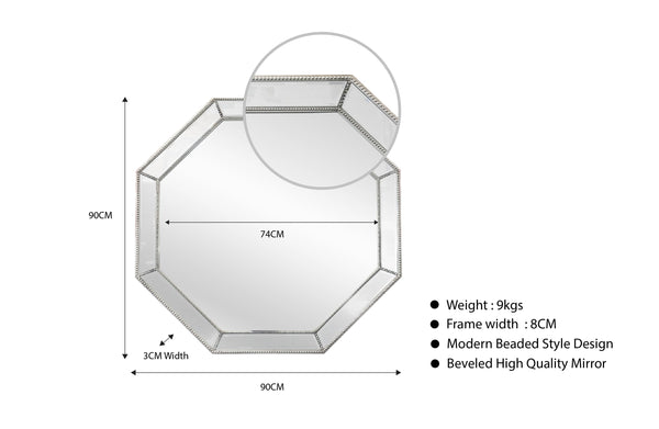 Octagon beaded framed mirror in silver finish, clearance design with detailed product dimensions.