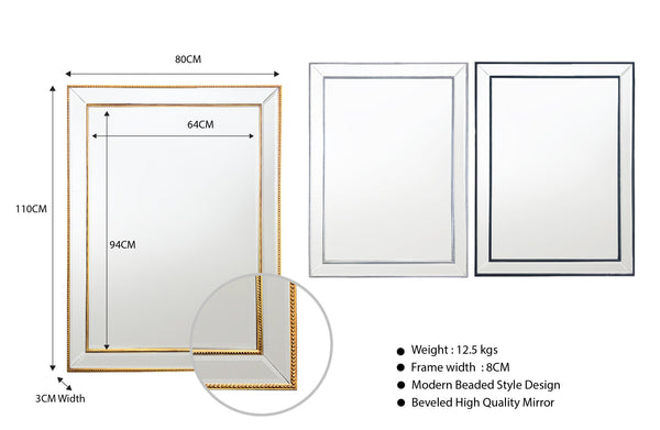 Beaded framed mirror small size with gold, silver and black frame finish options, product details.