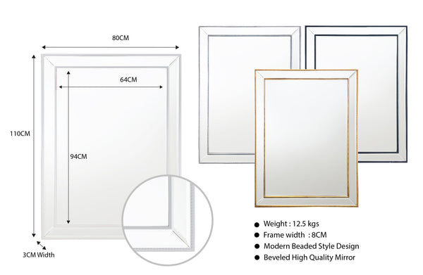 Beaded mirror small size option in white, gold and silver frames with close-up detail.