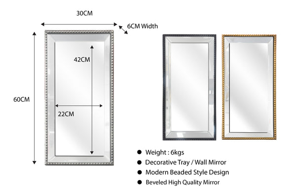 Medium beaded mirror tray in black, gold, silver – 60cm elegant décor.