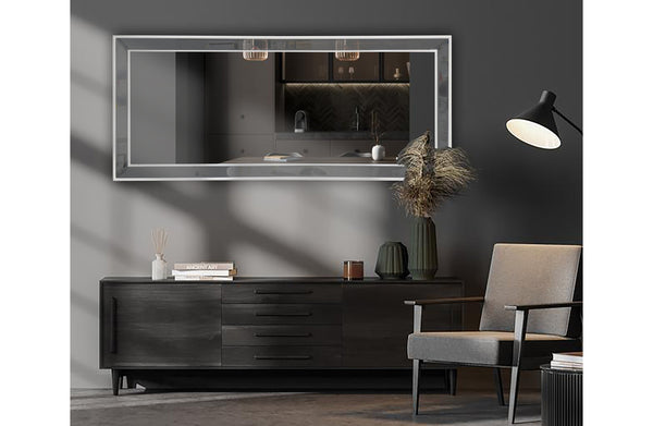 Extra large white beaded framed mirror hung horizontally above black sideboard cabinet