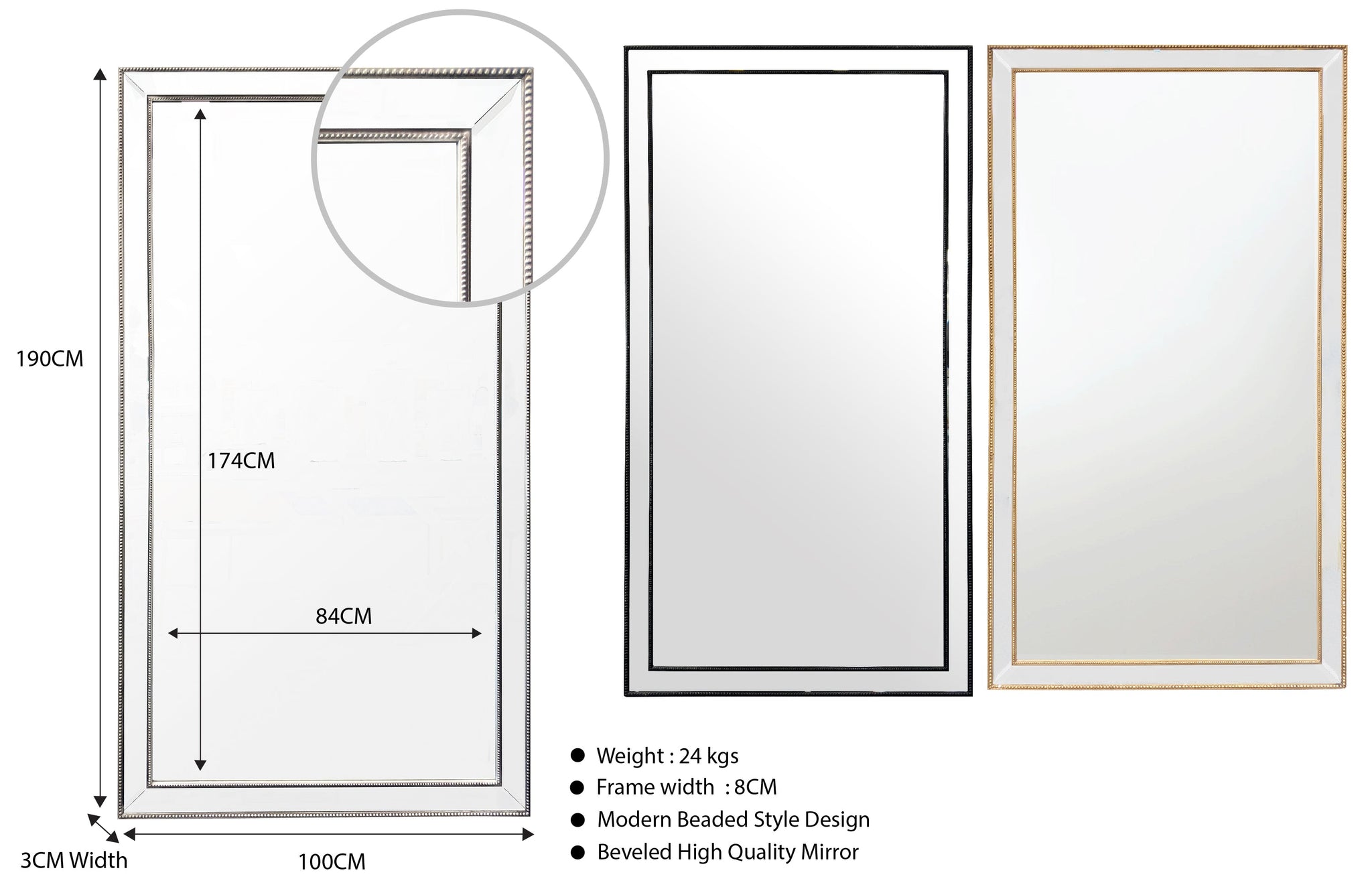 Beaded rectangular mirror extra large size with black, gold and silver frame options, product dimensions.