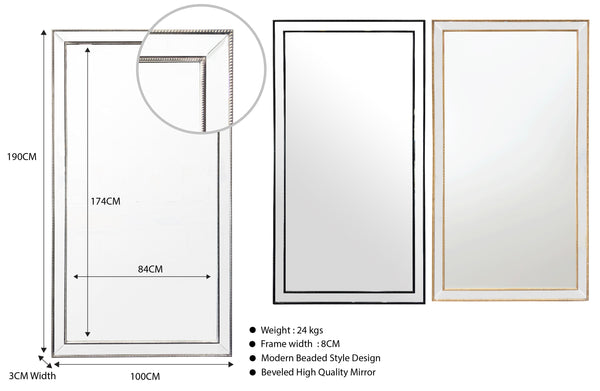 Beaded rectangular mirror extra large size with black, gold and silver frame options, product dimensions.