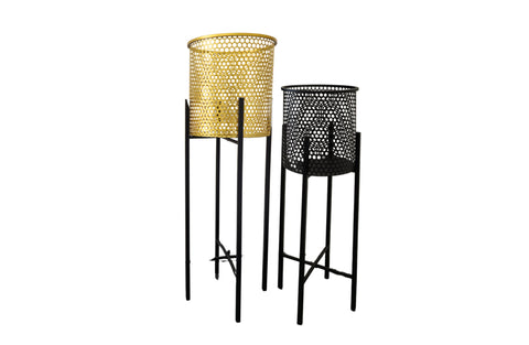 Set of two beehive-style planters, one in gold and one in black, both with black metal foldable stands. Displayed on a white background without plants.