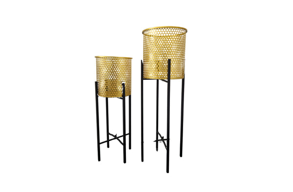 Gold Beehive Planter set of two with black foldable legs on white background.