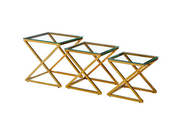 Bella set of three nesting side tables with gold polished frame and clear glass tops.