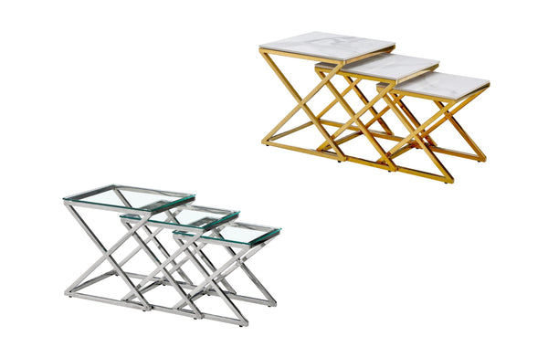 Bella set of three side tables in gold and silver frames with marble and glass tops.