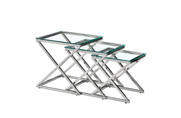 Bella set of three nesting side tables with silver polished frame and clear glass tops.