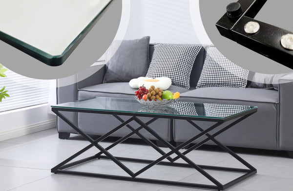 Beverly coffee table in black frame with clear tempered glass top, sleek elegance.
