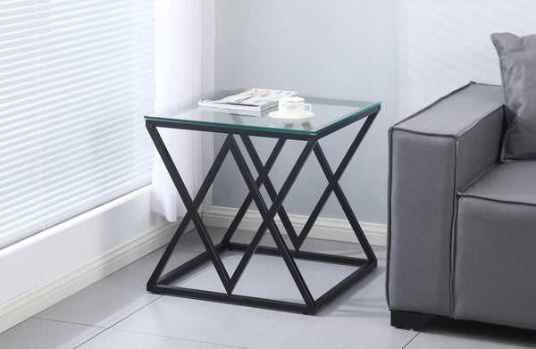 Beverly side table in matte black frame with clear tempered glass top, sleek design.