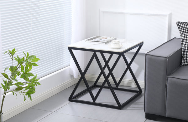 Beverly side table in matte black frame with sintered white marble stone top, contemporary look.