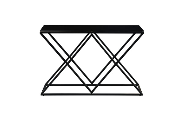 Beverly console table with black frame and black tempered glass top.