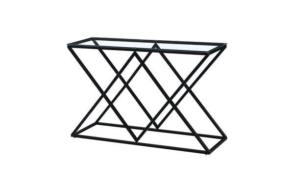 Beverly console table with black frame and clear tempered glass top.