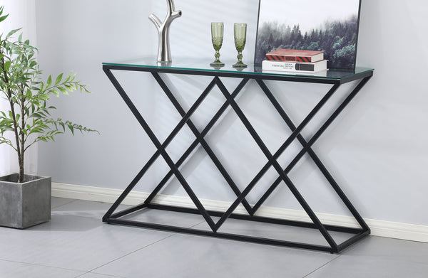 Beverly console table with black frame and clear glass top styled in an elegant entryway.