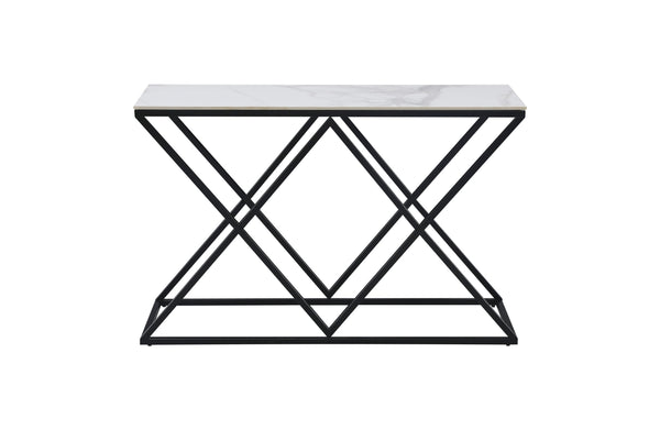 Beverly console table with black frame and white marble top.