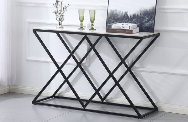 Beverly console table with black frame and white marble top styled with décor accessories.