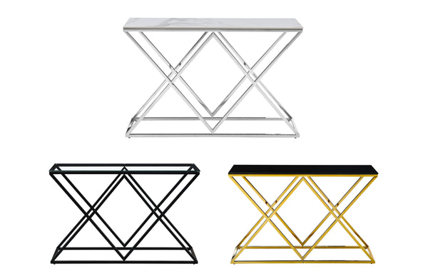 Beverly console table collection in silver, gold, and black frames with marble and glass tops.