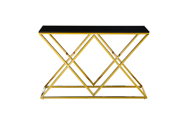 Beverly console table with gold frame and black tempered glass top.