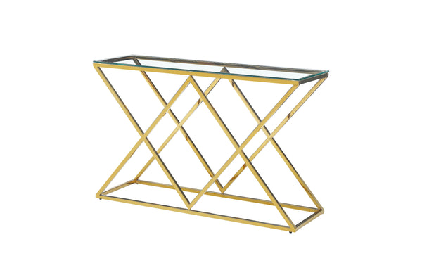 Beverly console table with gold frame and black tempered glass top.