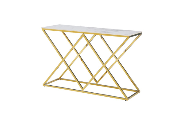 Beverly console table with gold frame and white marble top.